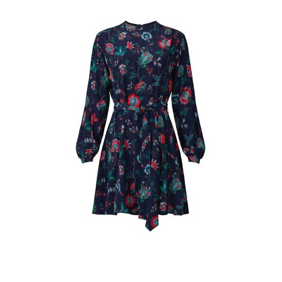 DEREK LAM COLLECTIVE Navy Floral Print Godet-pleated Skirt Mini Dress Size 46 - Picture 3 of 11